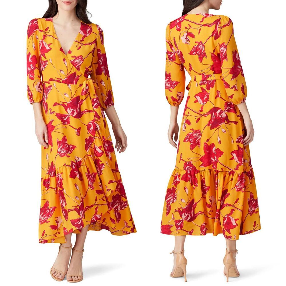 Color Me Courtney Womens Yellow‎ Red Floral Print Eleanor Wrap Midi Dress Medium